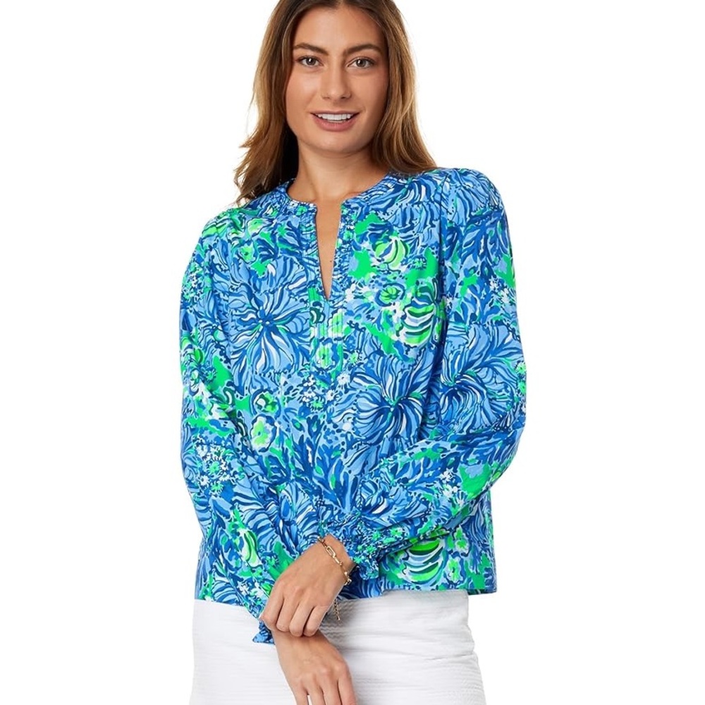 Lilly Pulitzer NWT Coulter Long Sleeve Blouse Abaco Blue in Turtle Awe Size S